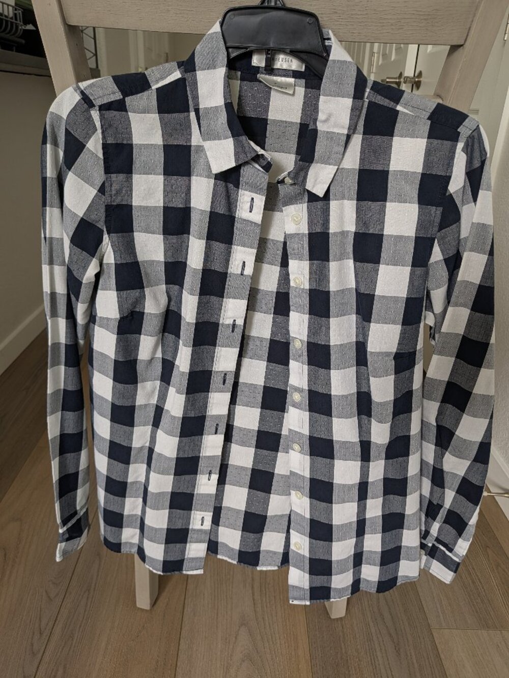 Women's Navy Blue and White Checked Van Heusen Dress Shirt
